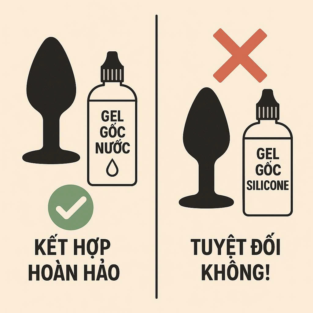 Cảnh báo an toàn: tuyệt đối không sử dụng gel bôi trơn gốc silicone với đồ chơi tình dục bằng silicone.